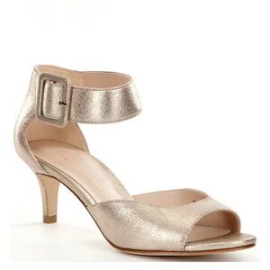 NEVER WORN pelle moda gold Leather Buckle Detail Ankle Strap Kitten-Heels.Size 8